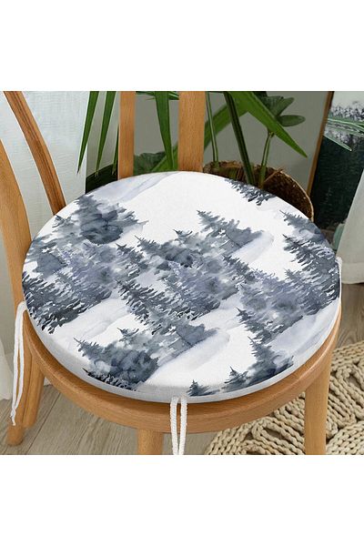 Realhomes Watercolor Illustrated Winter Themed Pine Trees Digital Printed Round Zippered Chair Cushion