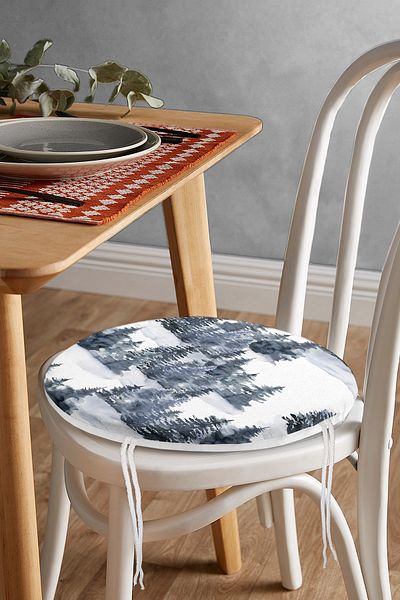 Realhomes Watercolor Illustrated Winter Themed Pine Trees Digital Printed Round Zippered Chair Cushion