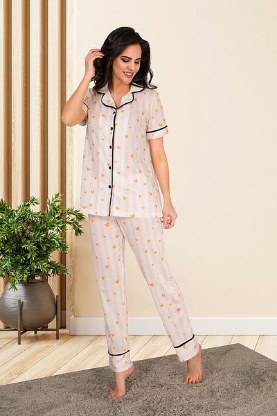MyBen Women's Heart Patterned Pink Colored Buttoned Short Sleeve Pajama Set 10088