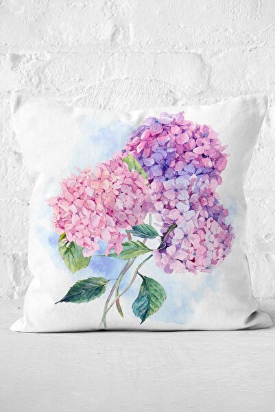 Nish & Royal Ortanca Çiçeği Figürlü Özel Tasarım Dijital Baskılı Modern Yastı...