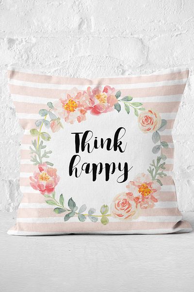 Nish & Royal Think Happy Digital Printed Pillow Cushion Cover with Flower Motif