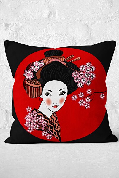 Nish & Royal Japanese Girl Modern Pillow Case with Daisy Design on Black and ...
