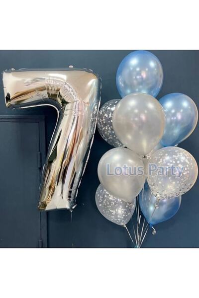 LOTUS PARTY 10 قطع - طقم بالونات - أزرق - فضي - ترتر ذهبي شفاف