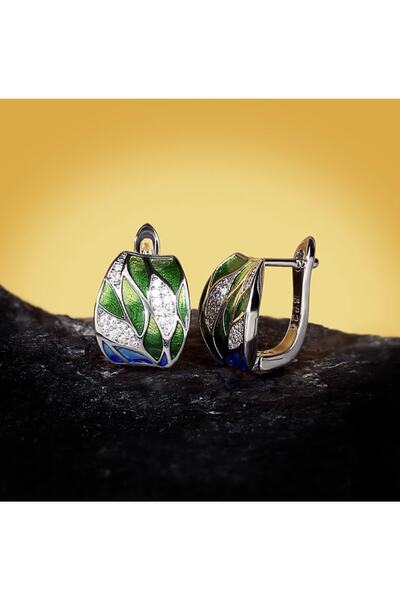 Takıtolia Glaze Natura El Yapımı Emaye 925 Ayar Gümüş Özel Tasarım Zirkon Taşlı Etnik Yeşil Yaprak Küpe