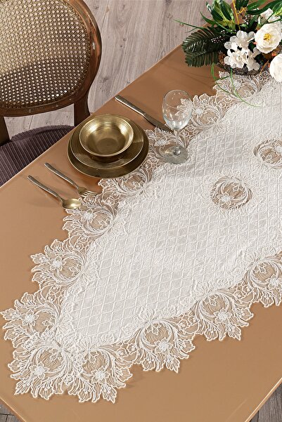 Evlen Home Collection Kadife Dantelli Runner Felix Krem (60x120 Cm)