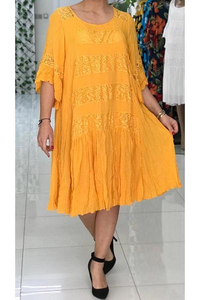Sosyete Kaplumbağa Authentic Voile Cotton Lace Detailed Mustard Dress