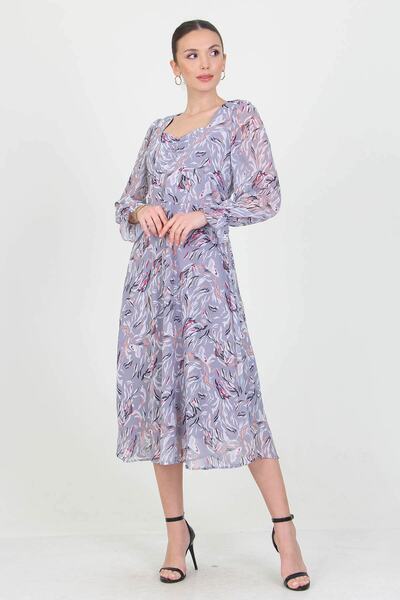 Neşeli Butik Kadın Gri Kalp Yaka Yeni Sezon Desenli Şifon Elbise Ry0030