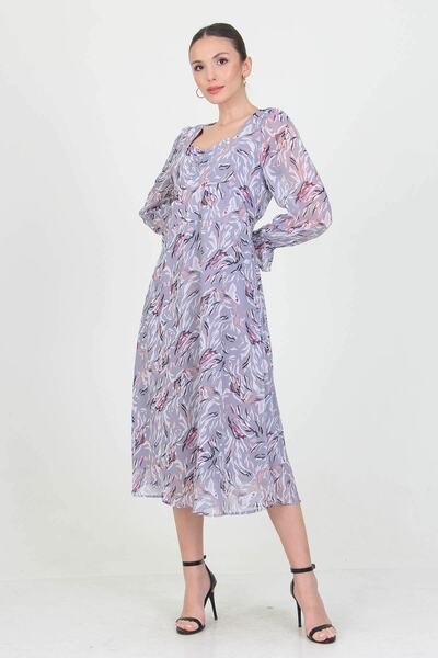 Neşeli Butik Kadın Gri Kalp Yaka Yeni Sezon Desenli Şifon Elbise Ry0030