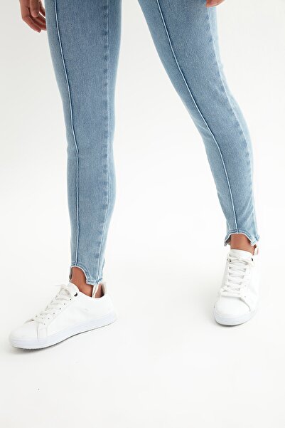 Açelya Okcu Women's Blue High Waist Lycra Elastic Leg Jeans Leggings