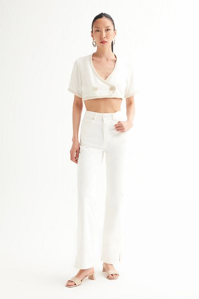 Açelya Okcu Women's Ecru Crop Linen Blouse with Piping