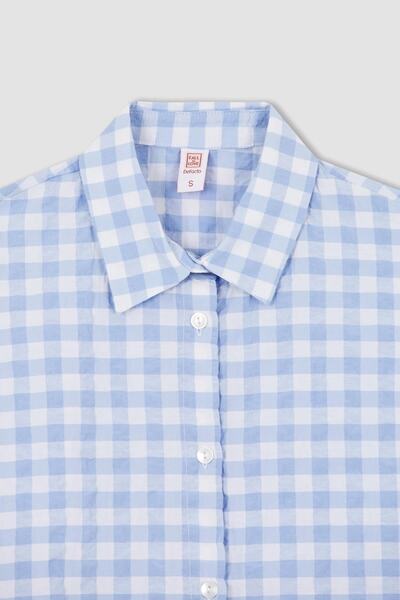 DeFacto Fall In Love Regular Fit Gingham Patterned Short Sleeve Cotton Seersucker Pajama Top