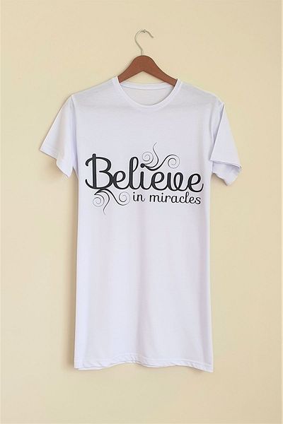 GÜN&AY TEKSTİL Women's White Cotton Short Sleeve, Believe In Miracles Printed Tunic Dress
