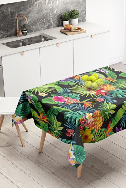 Nish & Royal Black Floor Tropical Leaves Special Design Tablecloth