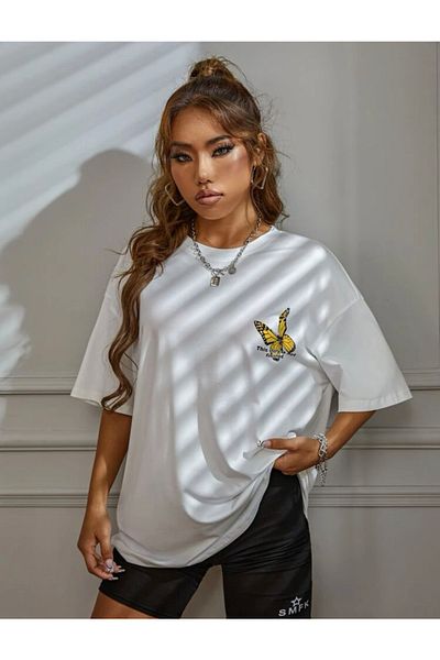 AFROGİYİM Tricou de damă oversize, alb, galben, cu imprimeu fluture