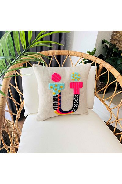 ge living Carnaval Model Letter Pillow - Punch Hand Embroidered, Cream Throw Pillow Cover