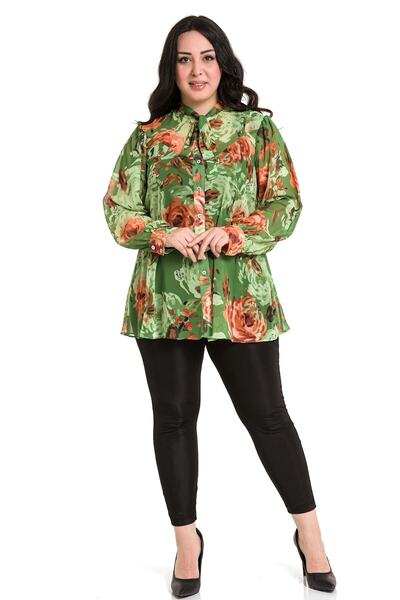 DISENTIS MODEST Pistachio Green Chiffon Shirt - Plus Size, Floral Print, Cuff...