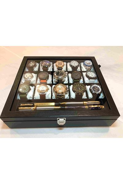 Kelepir Fırsatlar 15 Compartments Visual Glass Cover Wooden Skeleton Black Leather Covered Stylish 15 Pieces Special Women's Jewelry Watch Box