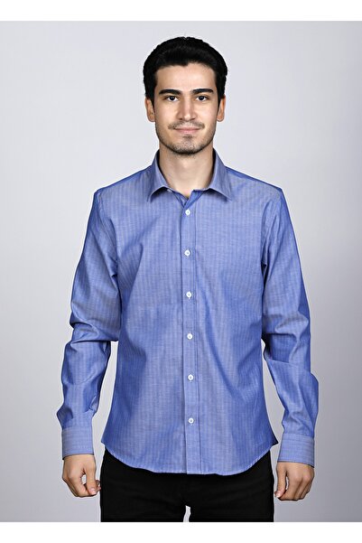 Erkek %100 Pamuk Slim Fit Balık Sırtı Desen Koyu Mavi Klasik Gömlek