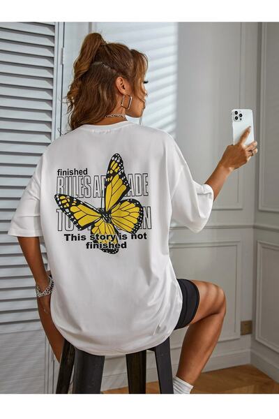 Deocept White Oversize Yellow Bules Printed Women's T-shirt