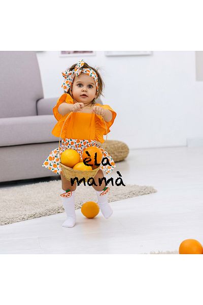 BabyPuff Girl's Orange Patterned Salopet Bandana Orange Socks Set of 3