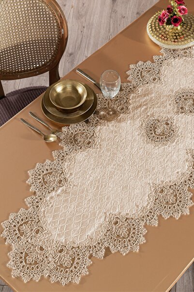 Evlen Home Kadife Dantelli Runner Glen Cappuccino (45X150 CM)