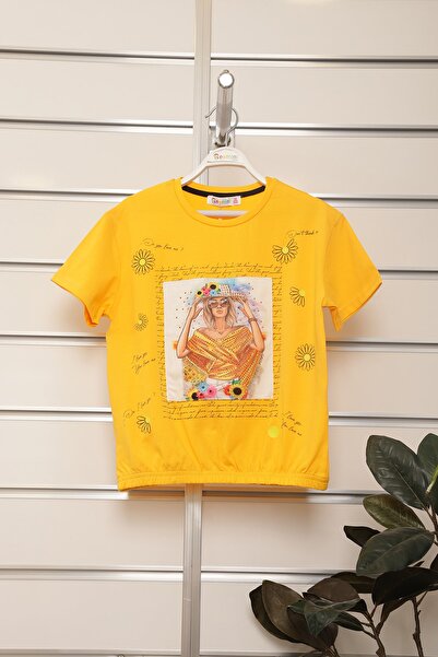 Bermini Kız Çocuk Sarı Renk Baskılı Taşlı Kısa Kollu Tişört