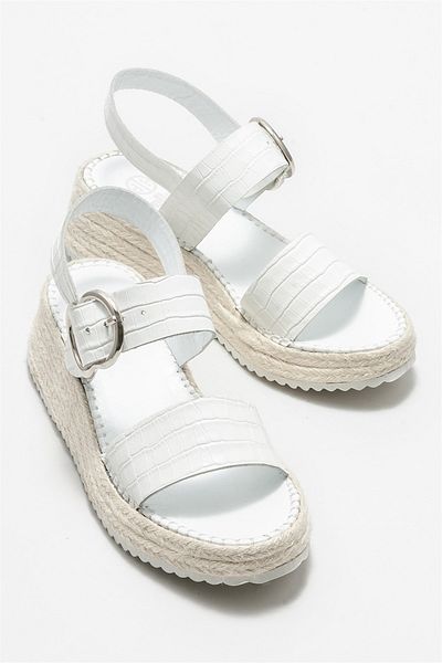Elle Shoes White Leather Women's Wedge Heeled Sandals
