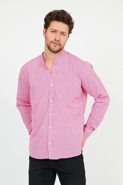 BUCADO Men's Pink Plaid Pocketed Collar Long Sleeve Shirt