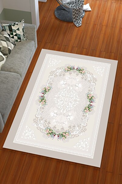 Miray Tekstil Dijtal Baskı Ipek Kadife Gri Renkli Osmanlı Desen Lastikli Halı...
