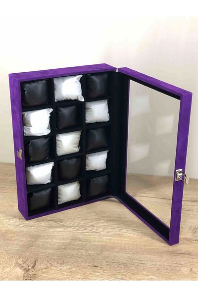 Kelepir Fırsatlar New Concept Multi-Purpose Wooden Italian Purple Velvet Coated with Glass Lid 15 Compartments Watch and Jewelry Box