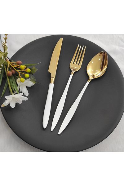 BRONDOFF 18 Piece White Titanium Gold Fork Spoon Knife Set