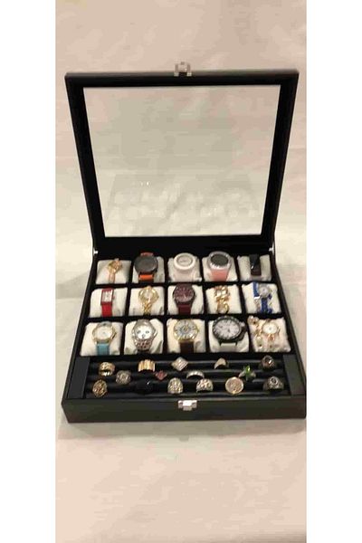Kelepir Fırsatlar 15 Compartments Black Leather Special Velvet Plated Inside Wristwatch Jewelry Earrings Bracelet Spark Plug Accessory Box