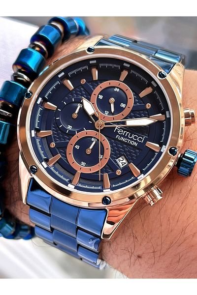 Ferrucci Navy Blue Color Rose Gold Case Functions Active Men's Wristwatch + Hematite Natural Stone Bracelet