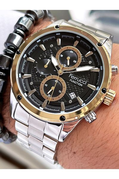 Ferrucci Silver Color Gold Gold Frame Functions Active Men's Wristwatch + Hematite Natural Stone Bracelet Gift