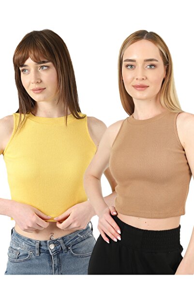 TİODES Bluză crop din 2 piese pentru femei, galbenă, biscuit