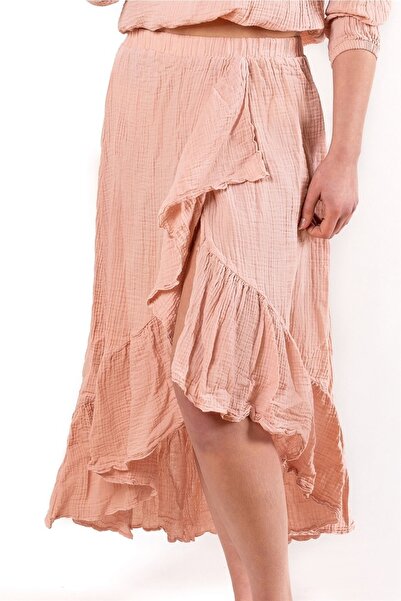 Zeliha Baysan Women's Muslin Pleated Ruffled Maxi Pink Skirt