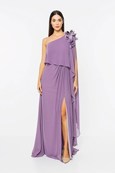 INVIDIA Tek Omzu Açık Yırtmaçlı Şifon Abiye Elbise