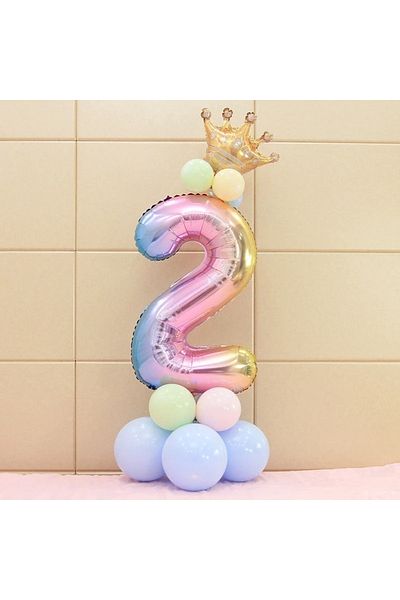 PARTİAVM Unicorn Theme Number Balloon Welcome Set 2 Years Old Rainbow Colors Gold Crowned 2 Number Balloon