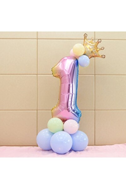 PARTİAVM Unicorn Tema Rakam Balon Karşılama Seti 1 Yaş Gökkuşağı Renkleri Alt...