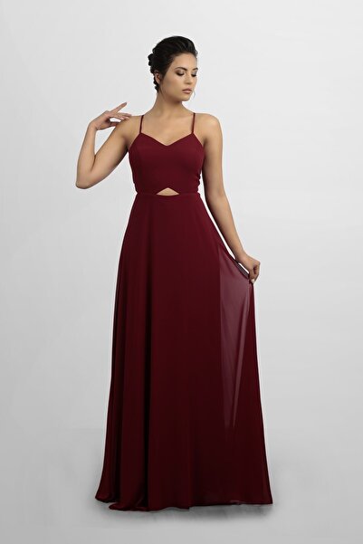 fevzuss Sırt Ip Bağlama Detay Şifon Bordo Abiye Elbise