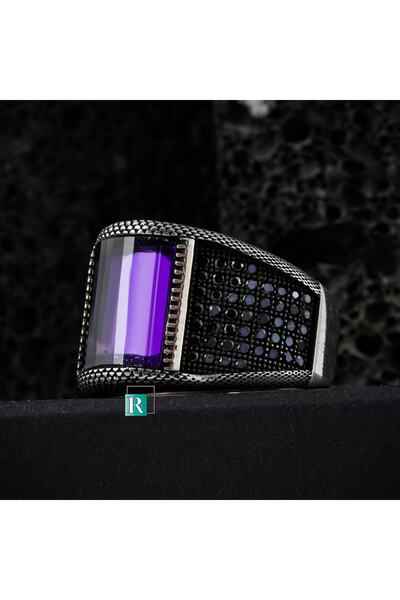 RevSilver Yuvarlak Taşlı 925 Ayar Gümüş Erkek Yüzük Takı. Yanlardan Mini Zirk...