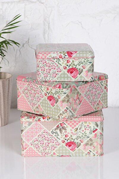 OnSet Kutu 3'lü Set Gül Desenli Kare Çok Amaçlı Metal Erzak Saklama Kabı Deko...