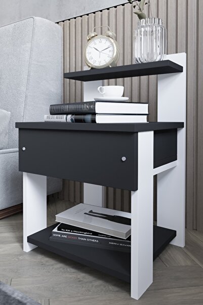 mobilanka Rina Raflı Çekmeceli Komodin Siyah Beyaz