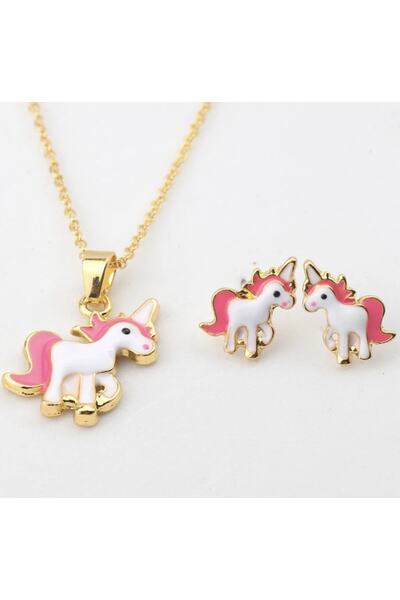 Takıtolia Unicorn Altın Gold Renkli Taşlı Kolye Ve Küpe Hediye Sade Şık Çocuk...