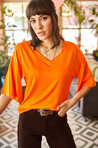 Olalook Bluză de viscoză tricotată detaliată, portocaliu, cu decolteu în V, BLZ-19001895