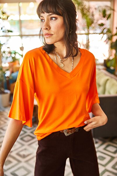 Olalook Bluză de viscoză tricotată detaliată, portocaliu, cu decolteu în V, BLZ-19001895