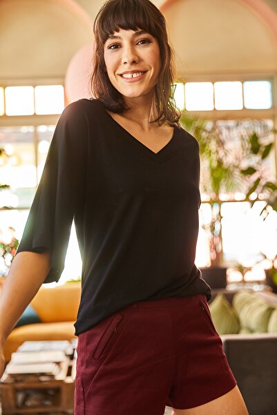 Olalook Γυναικείο μαύρο μανίκι με λαιμόκοψη με λεπτομερή πλεκτή Viscon μπλούζα BLZ-19001895