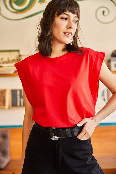 Olalook تي شيرت نسائي قطعة خفاش باللون الأحمر TSH-19000330