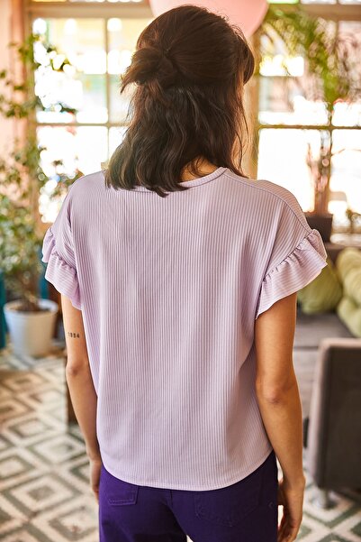 Olalook Damska koszulka na ramiączkach z marszczonymi rękawami w kolorze liliowym TSH-19000417