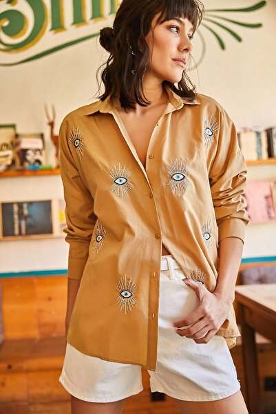 Olalook Kadın Camel Payet Detaylı Dokuma Boyfriend Gömlek GML-19000992